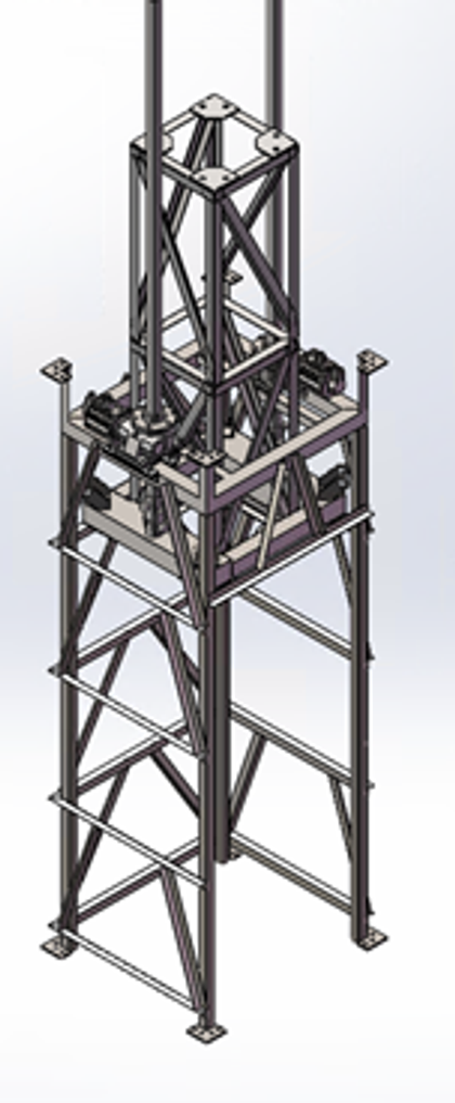 SolidWorks assembly: lead screws, lifting platform and frame columns stacked vertically. Lift force enters the platform through the screw pair, then the frame.